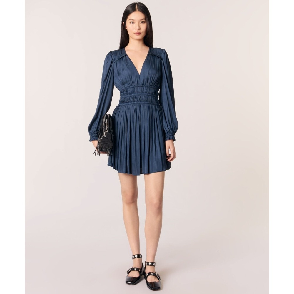 Maje Mini Satin Dress With Ruffles Navy Blue Women's 38/ US M Cocktail Elegant